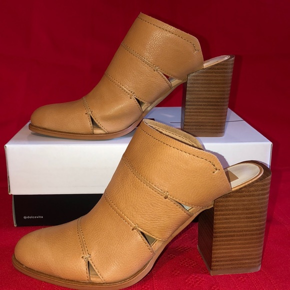 NEW DOLCE VITA CARAMEL LEATHER BLOCK HEEL MULES - Picture 3 of 8